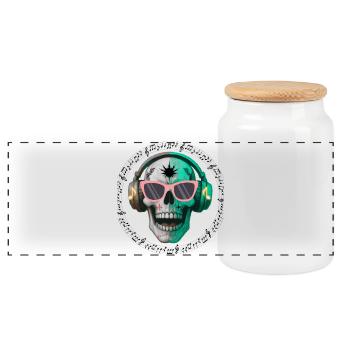 Skull with headphone and sunglasses t-shirt design - Panoramic Cookie Jar with Wooden Lid - white - Front
