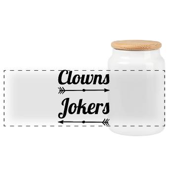 Clowns and Jokers Design – Fools & Jokers - Panoramic Cookie Jar with Wooden Lid - white - Front