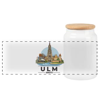 Ulm Motiv 1 Dom Skyline Illustration - Panorama Keksdose mit Holzdeckel - Weiß - Vorne