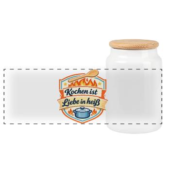Küchenliebe im Flammenschild - Panorama Keksdose mit Holzdeckel - Weiß - Vorne