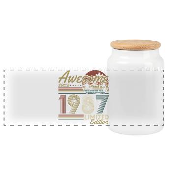 1987 Vintage Birthday Vintage Retro Gift - Panoramic Cookie Jar with Wooden Lid - white - Front