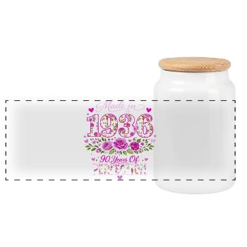 Woman's 90th Birthday Gift - 1936 Floral Birthday - Panoramic Cookie Jar with Wooden Lid - white - Front