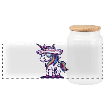 Einhorn Lustig Sombrero - Panorama Keksdose mit Holzdeckel - Weiß - Vorne