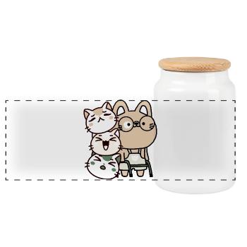 Kawaii Cat with Walker and Happy Friends - Panoramic Cookie Jar with Wooden Lid - white - Front