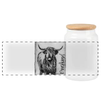 Village Child with Cow - Hand Carved Print Template - Panoramic Cookie Jar with Wooden Lid - white - Front