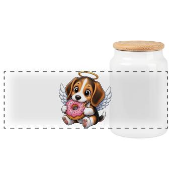 Cute Beagle Angel with Wings Cartoon Donut - Panoramic Cookie Jar with Wooden Lid - white - Front
