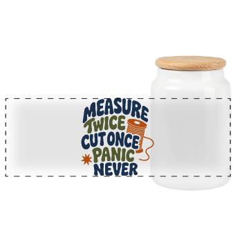 Measure Twice Cut Once Humor - Panoramic Cookie Jar with Wooden Lid - white - Front