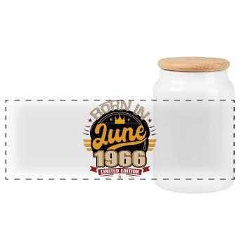 Born in June 1966 - Panoramic Cookie Jar with Wooden Lid - white - Front