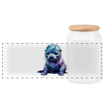 Watercolor seal pup otter - Panoramic Cookie Jar with Wooden Lid - white - Front