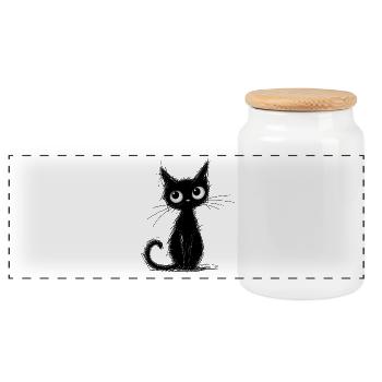 Minimalistische Schwarze Katze in Tinte - Panorama Keksdose mit Holzdeckel - Weiß - Vorne