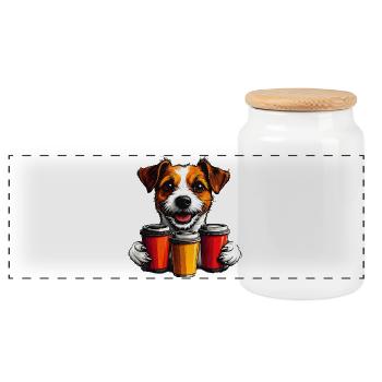 Fröhlicher Hund mit Kaffeebecher Trio - Panorama Keksdose mit Holzdeckel - Weiß - Vorne