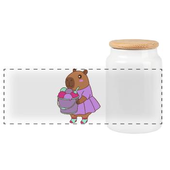 Kawaii Cute Capybara Sweet Treat –Summer art - Panoramic Cookie Jar with Wooden Lid - white - Front