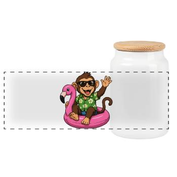 Tropischer Affe auf Flamingo-Poolfloat - Panorama Keksdose mit Holzdeckel - Weiß - Vorne