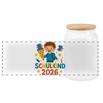 Schulkind 2026 – bunte Schulwelt - Panorama Keksdose mit Holzdeckel - Weiß - Vorne