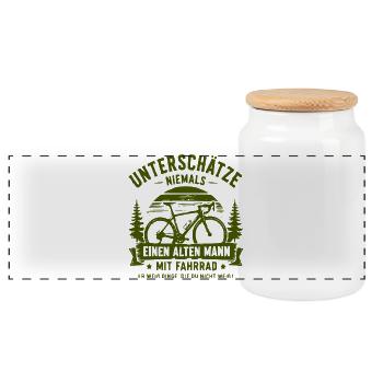 Unterschätze niemals alten Mann mit Fahrrad - Panorama Keksdose mit Holzdeckel - Weiß - Vorne
