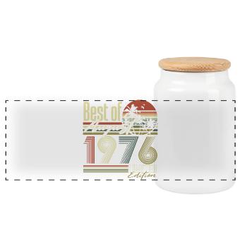 August 1976 Vintage Retro Birthday Gift Goon - Panoramic Cookie Jar with Wooden Lid - white - Front