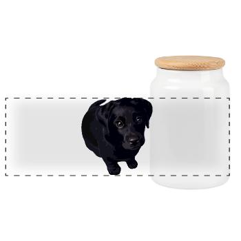 Black puppy: tough and sweet moment - Panoramic Cookie Jar with Wooden Lid - white - Front