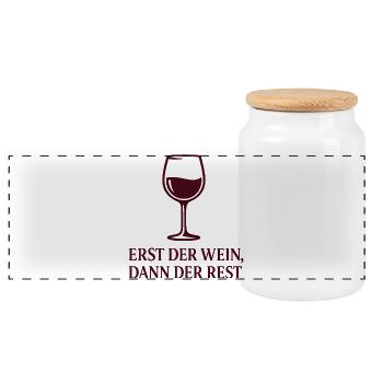 Erst der Wein, Dann der Rest - Panorama Keksdose mit Holzdeckel - Weiß - Vorne