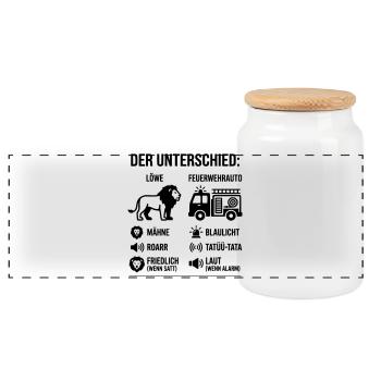 Löwe oder Feuerwehr? Lustiges Vergleichs-Motiv  - Panorama Keksdose mit Holzdeckel - Weiß - Vorne