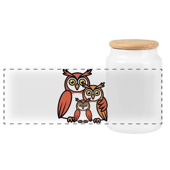Owls Cartoon - Panoramic Cookie Jar with Wooden Lid - white - Front