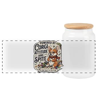 Powered By Corgi Attitude And Spite Funny Dog - Panoramic Cookie Jar with Wooden Lid - white - Front