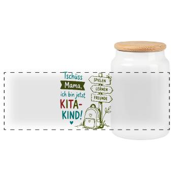 Tschüss Mama Kita-Kind Design - Panorama Keksdose mit Holzdeckel - Weiß - Vorne