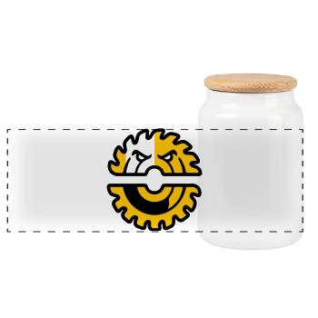 Circular Saw Mascot Logo - Panoramic Cookie Jar with Wooden Lid - white - Front
