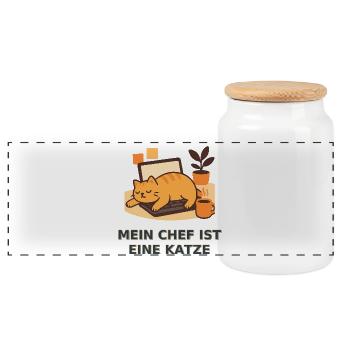 Katzenchef im Homeoffice – Geschenk für Katzenfans - Panorama Keksdose mit Holzdeckel - Weiß - Vorne