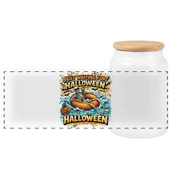Waiting for Halloween Skeleton Hallloween Anticipation - Panoramic Cookie Jar with Wooden Lid - white - Front
