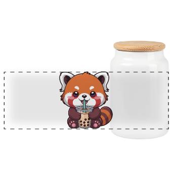 Kawaii Red Panda Drinking Bubble Tea - Panoramic Cookie Jar with Wooden Lid - white - Front