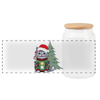 Weihnachtskatze mit Lichtkette - Panorama Keksdose mit Holzdeckel - Weiß - Vorne