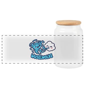 Wuselwolke – Lustiges Wind & Wolken Kinder Motiv - Panorama Keksdose mit Holzdeckel - Weiß - Vorne