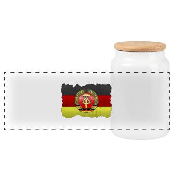 DDR Wappen auf Deutschlandfahne in Stein - Panorama Keksdose mit Holzdeckel - Weiß - Vorne