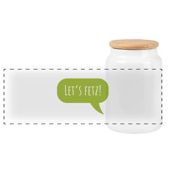 Design "Let's fetz" with speech bubble - Panoramic Cookie Jar with Wooden Lid - white - Front