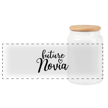 Future Novia Girlfriend Engagement Wedding Gift - Panoramic Cookie Jar with Wooden Lid - white - Front
