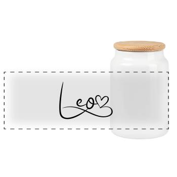 Leo Name First Name Heart Decor - Panoramic Cookie Jar with Wooden Lid - white - Front