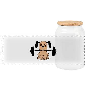 Dog Bodybuilder Strong Muscles Gym Weightlifting - Panoramic Cookie Jar with Wooden Lid - white - Front