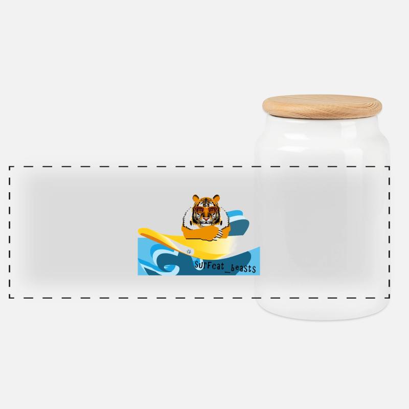 Tiger auf einem Surfbrett - Panorama Keksdose mit Holzdeckel - Weiß