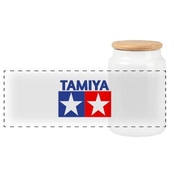 Tamiya Logo - Panorama Keksdose mit Holzdeckel - Weiß - Vorne