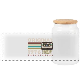 50th Birthday Original Cassette April Vintage 76 - Panoramic Cookie Jar with Wooden Lid - white - Front