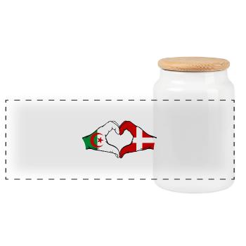 Algeria Denmark Flag Hands Heart Shape - Panoramic Cookie Jar with Wooden Lid - white - Front