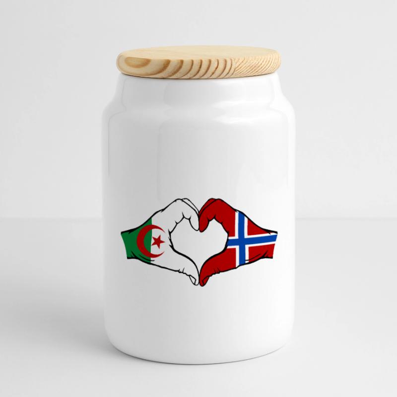 Algeria Norway Flag Hands Heart Shape Panoramic Cookie Jar with Wooden Lid