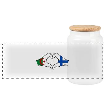 Algeria Finland Flag Hands Heart Shape - Panoramic Cookie Jar with Wooden Lid - white - Front