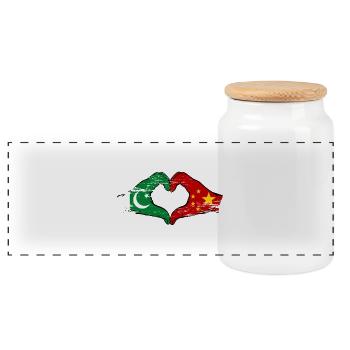 Pakistan China Flag Hands Heart Shape Used - Panoramic Cookie Jar with Wooden Lid - white - Front
