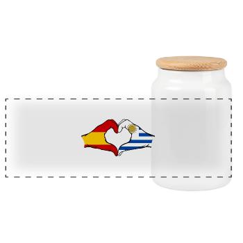 Spain Uruguay Flag Hands Heart Shape - Panoramic Cookie Jar with Wooden Lid - white - Front