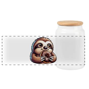 Sloth Cartoon Donut Candy Funny - Panoramic Cookie Jar with Wooden Lid - white - Front
