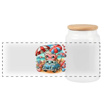 Cute Vintage Car and Heart on a Beach Holiday - Panoramic Cookie Jar with Wooden Lid - white - Front