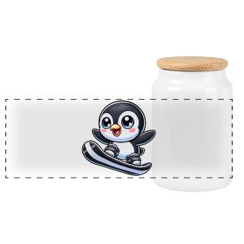 Cute Penguin Snowboarder Cartoon Winter Sports - Panoramic Cookie Jar with Wooden Lid - white - Front