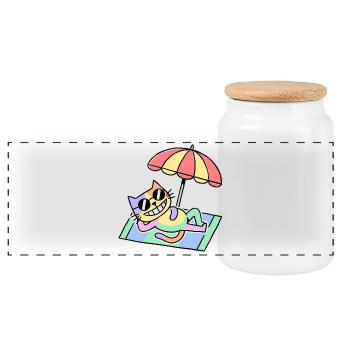 Beach Cat Pop Art Lounge Under Parasol - Panoramic Cookie Jar with Wooden Lid - white - Front