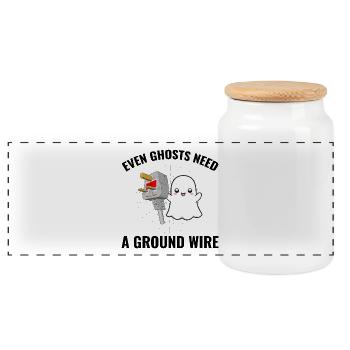 Electrician Halloween Ghost Ground Wire Fun - Panoramic Cookie Jar with Wooden Lid - white - Front
